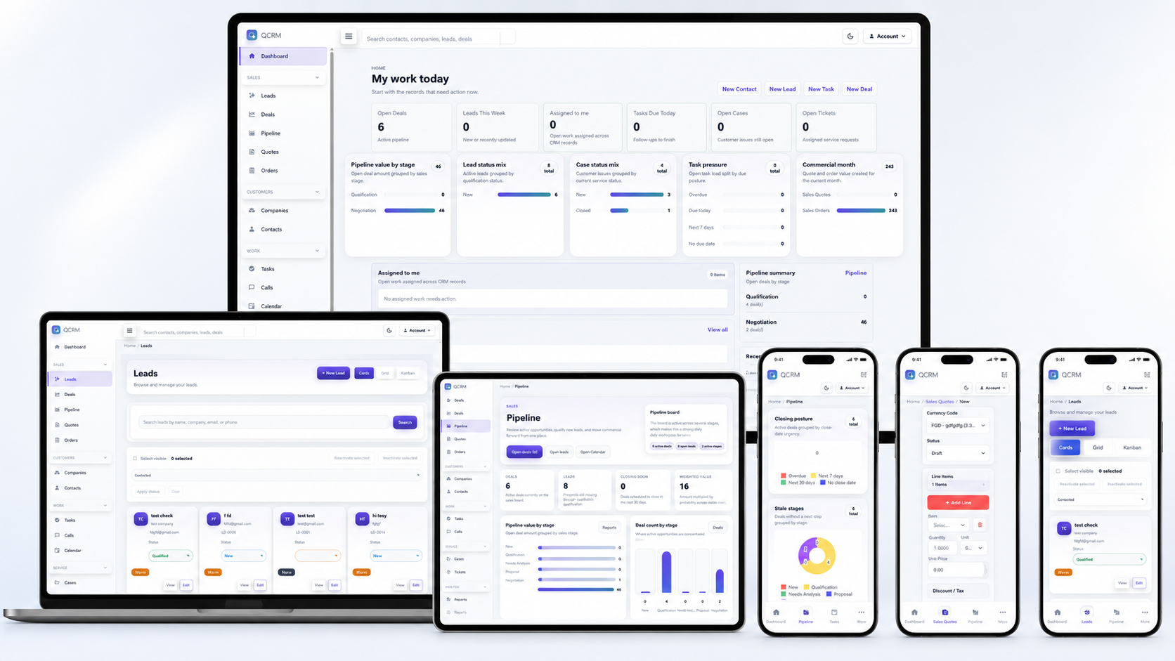 QCRM displayed across desktop, laptop, tablet, and phone screens